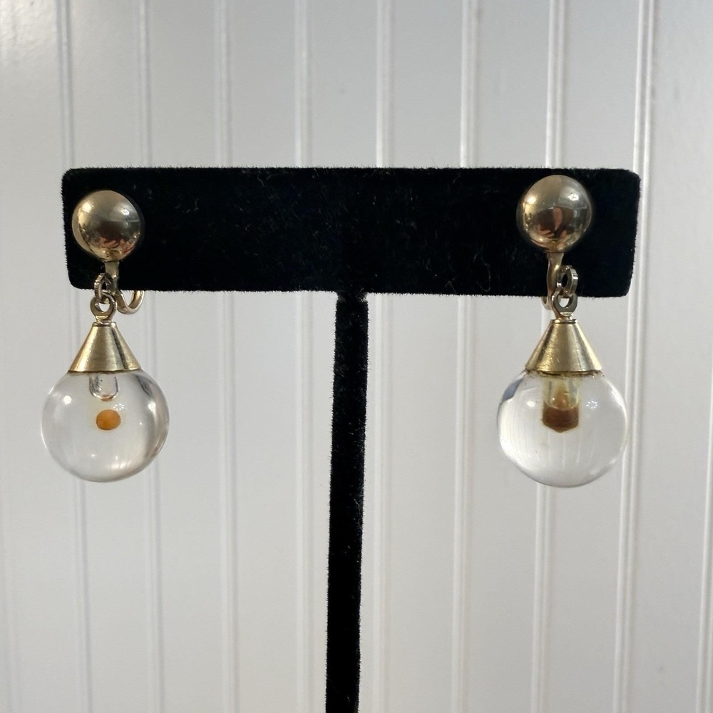 Vintage Coro Earrings Mustard Seed Clear Lucite Gold Tone Dangle Screwback AS IS